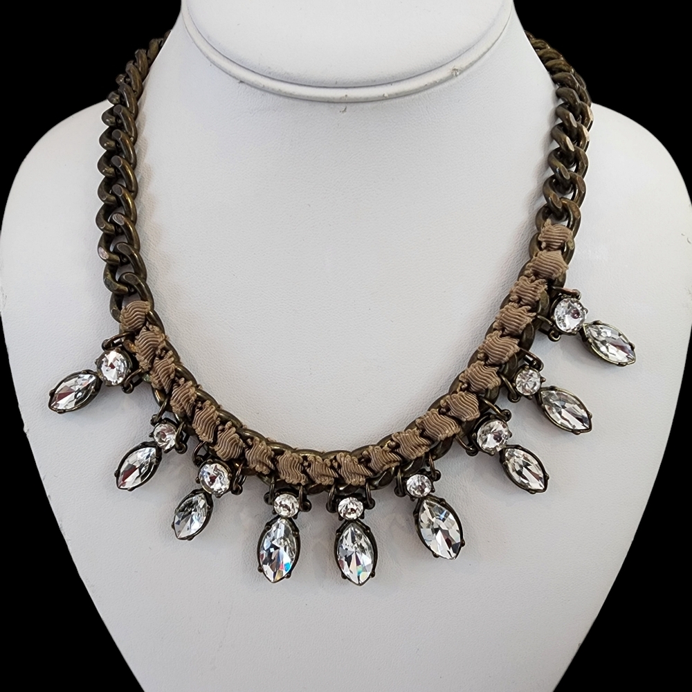 LOFT art deco statement necklace chunky with rhinestones grosgrain ribbon